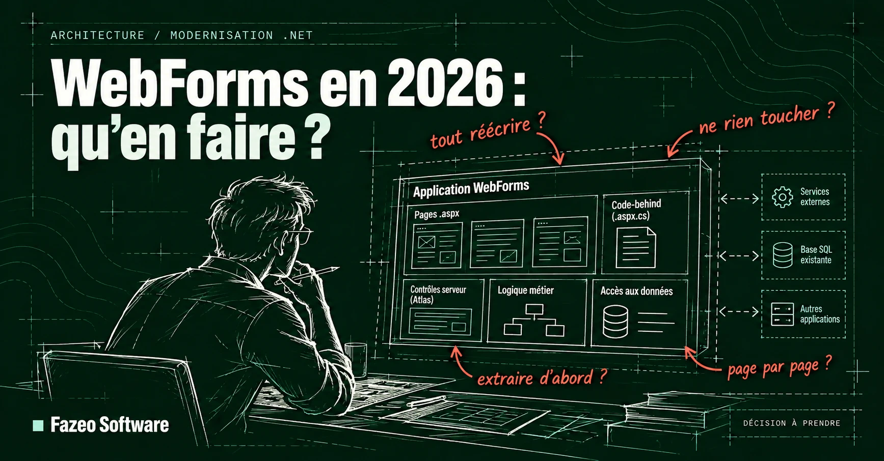 Couverture du billet : Web Forms en 2026, qu’en faire ? Architecture et modernisation .NET. Un développeur, pensif devant l’écran d’une application Web Forms (pages .aspx, code-behind, contrôles serveur, logique métier, accès aux données), reliée à des services externes, une base SQL existante et d’autres applications. Quatre pistes sont posées en questions : tout réécrire, ne rien toucher, extraire d’abord, page par page. Décision à prendre.