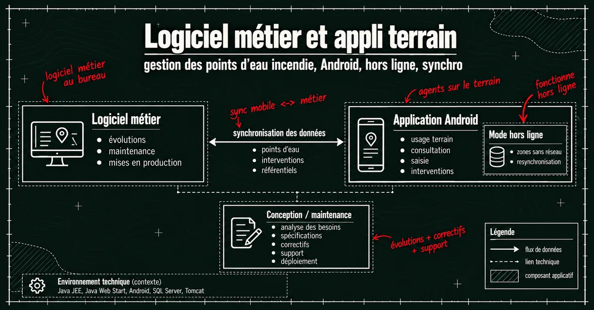 Schéma du logiciel métier de gestion des points d’eau incendie et de son application Android, avec mode hors ligne et synchronisation des données.